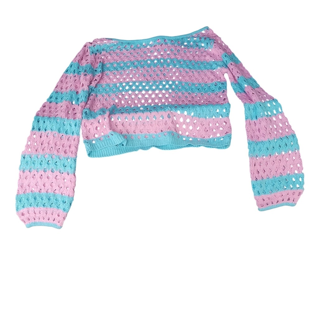 Novelle Fashion Pink Blue Striped Open Knit Cropped Sweater Large NWT Y2K Boho